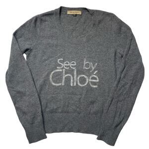 Vintage See by Chloe Wool Gray Embroidered Knit Sweater Size 8 Women's